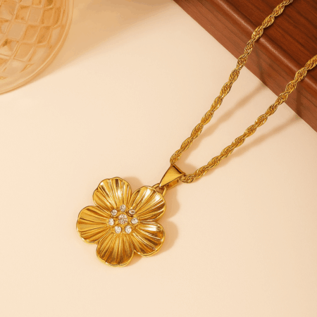 Gold Flower Pendant Necklace with Crystals – 18K Gold-Plated Stainless Steel